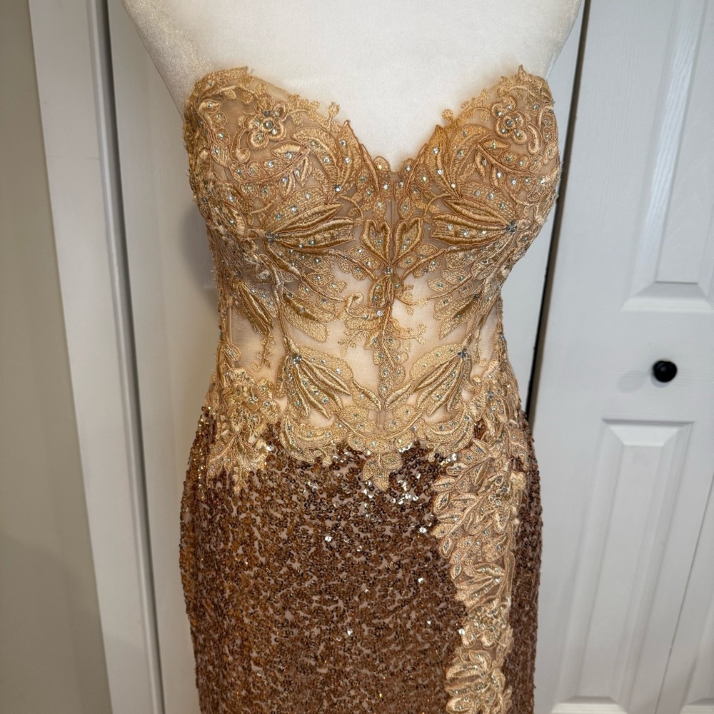 Colette by Daphne, Gold Lace and Sequence with Shear Bodice/ High Slit, Size  10 - Picture 7 of 17